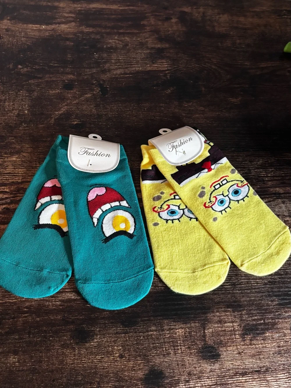 Cute Cartoon Plankton & SpongeBob Character Ankle Socks‎ - Teal & Yellow